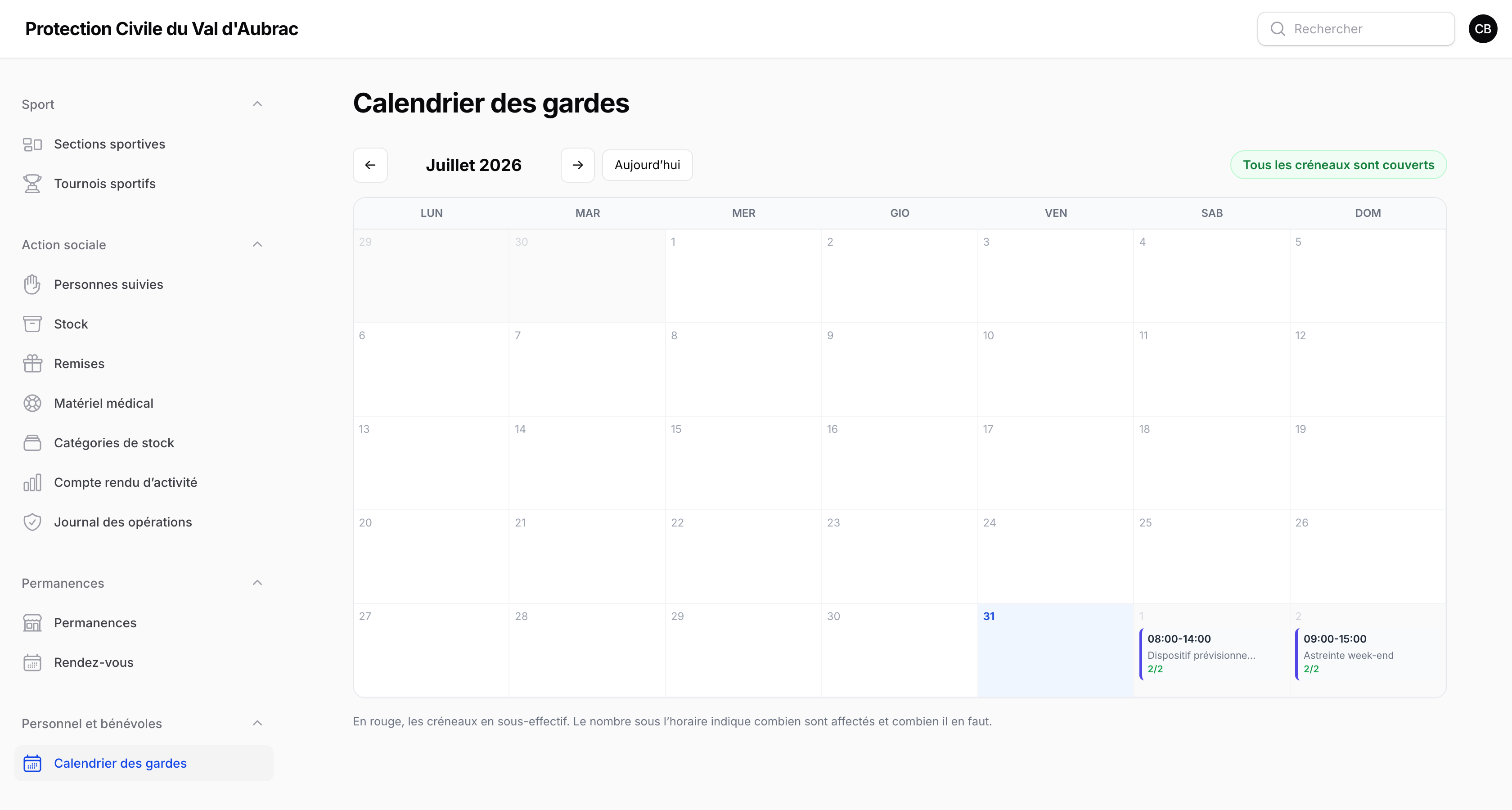 Le calendrier des créneaux
