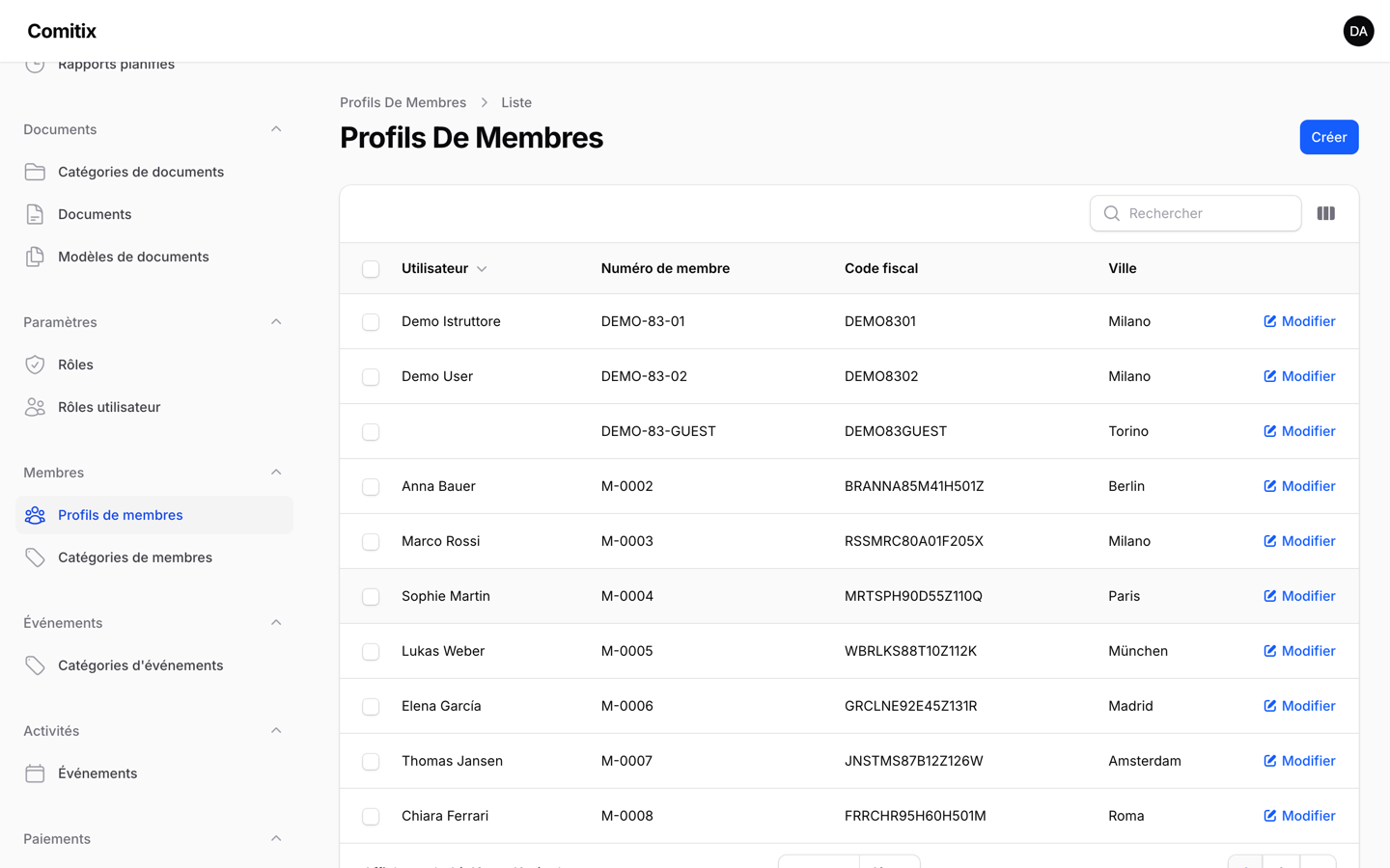 Liste des membres avec catégorie et statut de cotisation